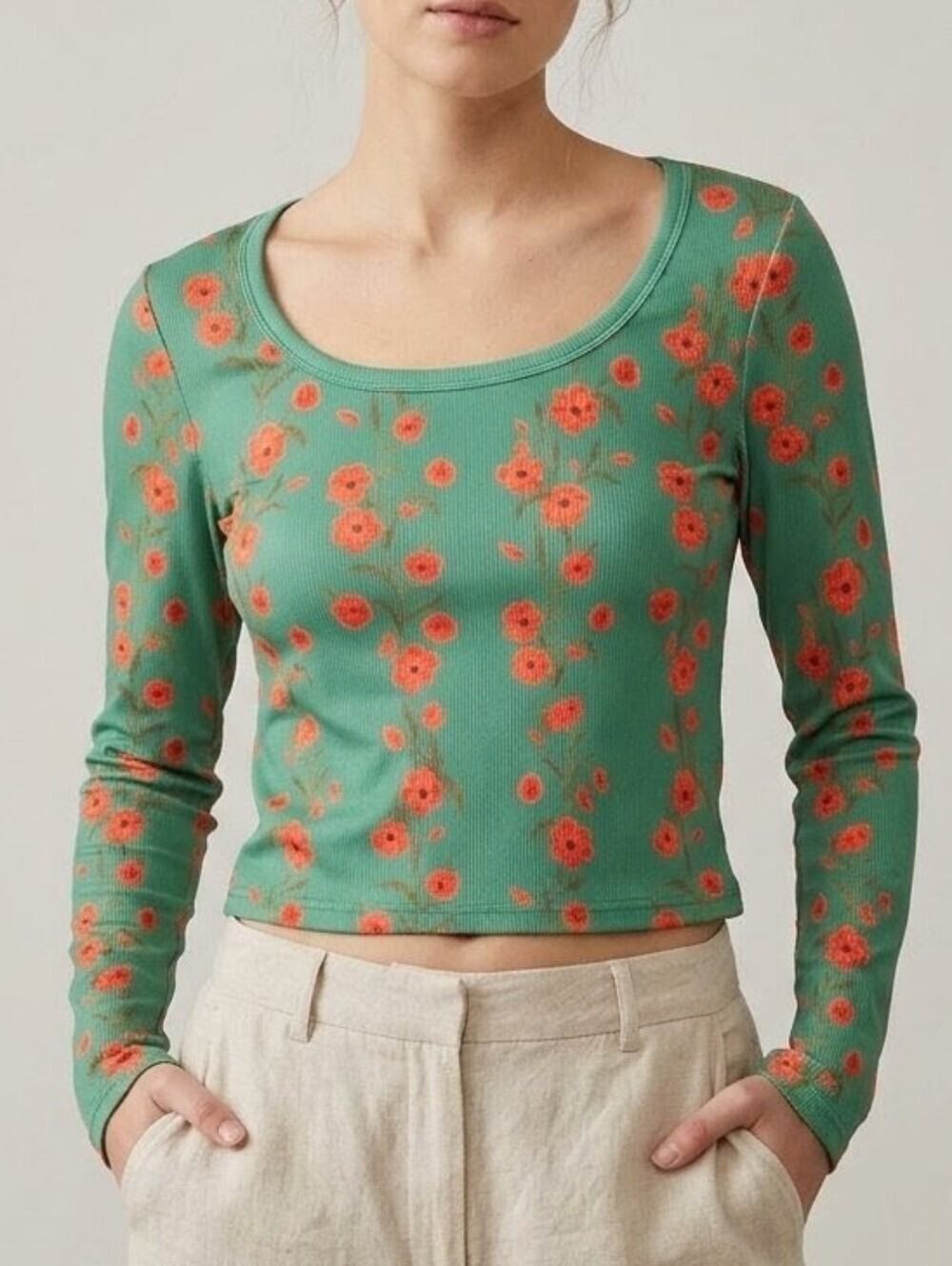 Floral Ribbed Long Sleeve Scoop Neck Top Green Orange Size Small - NWT!